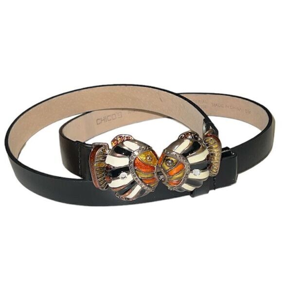 Chico’s Adjustable Leather Enameled Fish Leather Belt Size S/M - Picture 1 of 11